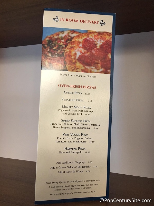 In-room delivery menu 2017